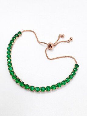 Rose Gold Tone Green Rhinestone Tennis Bracelet Adjustable Emerald Look